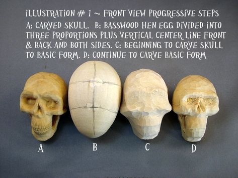 Carving a skull in basswood hen egg ~ www.woodbeecarver.com Carving Skulls In Wood, How To Carve A Skull Out Of Wood, Wood Skull, Wood Carving Faces, Wood Carving For Beginners, Bone Crafts, Dremel Wood Carving, Bear Carving, Wood Carving Designs