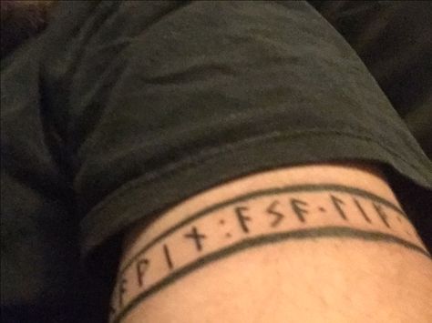 Rune Arm Band Tattoos.  Left arm says "Asa Lif" in old Icelandic for live of my life with my wife and kids names.  Right arm is a quote from the Havamal, "We Are Our Deeds, Havamal. " Rune Band Tattoo, Heathen Tattoo, Arm Tattoo Viking, Asatru Tattoo, Arm Band Tattoos, Hip Tattoo Quotes, Arm Cuff Tattoo, Supernatural Hunter, Viking Rune Tattoo