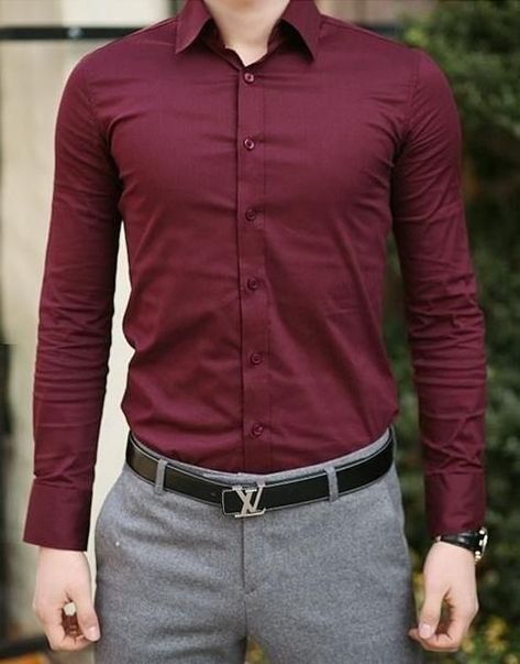 Maroon Shirt Outfit Men Formal, Maroon Shirt Outfit, Red Color Outfits, Maroon Dress Shirt, Grey Pants Outfit, Grey Pants Men, Gents Shirts, Daily Fits, Red Shirts