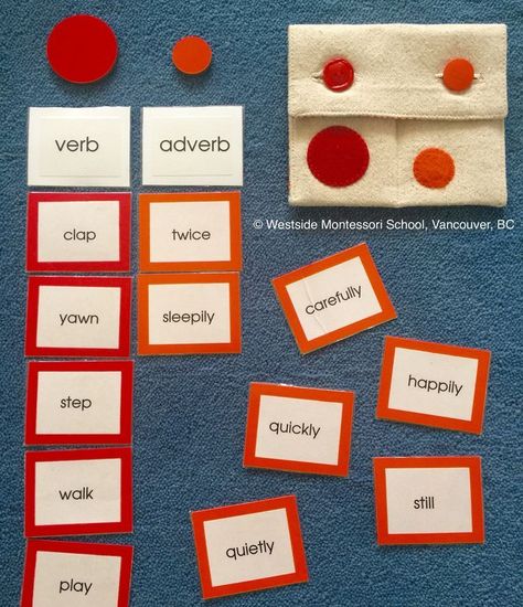 Exploring parts of speech the Montessori way. The next step in this grammar activity was to use as many of these adverbs to describe just one verb. We ended up with, "play happily, carefully, quietly, playfully, twice." The handmade pouch is from CobbleWorks on Etsy. Montessori Esl Activities, Montessori Grammar, Montessori Language, Montessori Printables, Handmade Pouch, Montessori Elementary, Montessori Lessons, Montessori Diy, Homeschool Preschool Activities