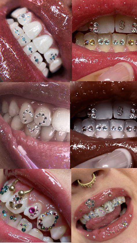 Tooth Jewelry Diamonds Teeth, Y2k Tooth Gems, Tooth Gem Inspo Simple, Teeth Jewels, Tooth Gem Ideas, Lips Piercing, Cute Teeth, Teeth Gems, Pretty Teeth