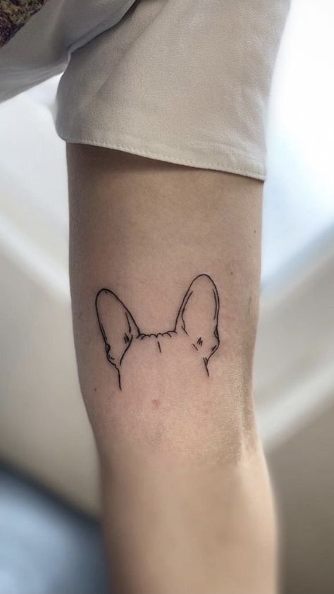 Fine Line Bulldog Tattoo, Dog Ear Fine Line Tattoo, Bulldog Fine Line Tattoo, Fine Like Dog Tattoo, Fine Line Dog Tattoo Ears, Pet Ears Outline Tattoo, Animal Ear Tattoo, Linework Dog Tattoo, Fine Line Work Tattoo