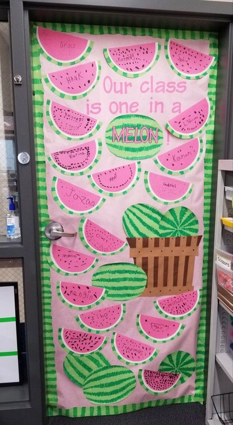 Preschool All About Me Bulletin Board, May Bulletin Board Ideas Toddlers, Watermelon Board Ideas, Summer Classroom Doors Daycare, Daycare Doors Ideas, May Themed Classroom Door Ideas, Summer Theme Board Classroom Ideas, Summer Teacher Board Ideas, Infant Room Daycare Theme Ideas