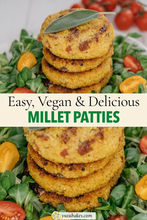 Millet recipes are some of the easiest to make, especially for vegans. They are nutritious and delicious. Make millet patties and enjoy them on their own with salad on the side or as part of a vegan burger #millet #recipes #vegan #easy Millet Burgers Vegan, Vegan Millet Recipes, Millets Recipes Indian, Millet Patties, Millet Pancakes, Recipes Vegan Easy, Millet Recipes Breakfast, Millet Muffins, Millet Recipe