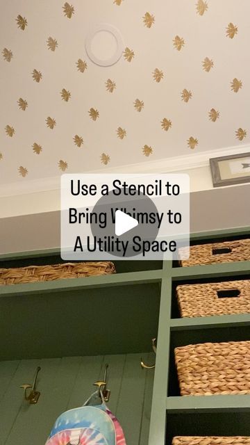 Christina on Instagram: "This cute little bee pattern on the ceiling of our mudroom draws my eyes up and away from the mess that can generally be found on the floor near the back door. Why not have some fun with a utilitarian spot, like a mudroom?! Easy DIY steps below!
1) start with flat ceiling paint in the area to be stenciled
2) lightly spray the back side of the stencil with REPOSITION-ABLE spray adhesive
3) use painter’s tape to secure the stencil to the ceiling
4) use a fun color paint and foam roller to lightly coat the stencil
5) GENTLY remove the stencil, peeling from a corner before the paint dries
6) line up your stencil pattern, and repeat! 

That’s all there is to it. Follow me for more easy DIY home projects and decor!" Flat Ceiling, Easy Diy Home Projects, Diy Steps, Ceiling Paint, Bee Pattern, Stencil Pattern, Color Paint, Spray Adhesive, Back Door