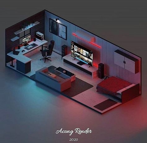 Pc Gaming Room, Gaming Room Setup Bedrooms, Games Room Inspiration, Gamer Bedroom, Small Game Rooms, Cool Room Designs, 3d Room, Home Studio Setup, Gamer Room Decor