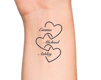 Custom Temporary Tattoo, Hearts With Kids Names set of 3 - Etsy Names In Tattoos, Mother Son And Daughter Tattoo, Multiple Name Tattoos, 3 Kids Names Tattoos For Women, Kids Names Tattoos For Women, Kids Name Tattoo Ideas Mothers, Bracelet Tattoos With Names, Mother Of 3 Tattoo Ideas, Tattoo Nombres