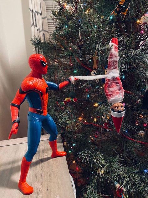 Spider Man Elf On The Shelf Ideas, Elf On The Shelf Boy Ideas, Elf On Shelf Welcome Back Ideas, Spider Man Elf On Shelf, Spiderman Elf On The Shelf, Elf On The Shelf Monster Truck, Elf On The Shelf Baseball Ideas, Halloween Elf On The Shelf, Elf On The Shelf Superhero Ideas