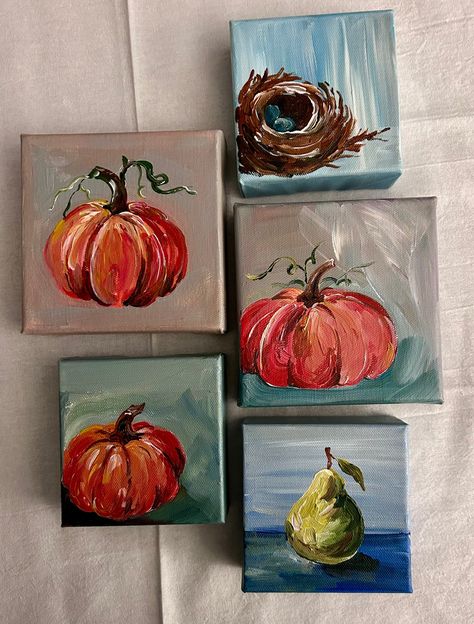 4 X 4 Painting Ideas, Small Fall Canvas Painting, Small Fall Paintings, Thanksgiving Mini Canvas Paintings, Halloween Mini Painting, Fall Paintings On Canvas, Tiny Canvas Painting Fall, Pumpkin Painting On Canvas, 4x4 Paintings