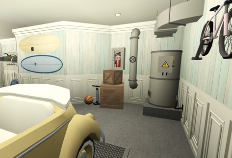 Coastal Garage Interior, Blockburg Garage Ideas, Coastal Garage Bloxburg, Coastal Garage, Bloxburg House Ideas Garage, Beach House Garage Ideas, Bloxburg Garage Idea, Roblox Garage Ideas, Garage Design Bloxburg