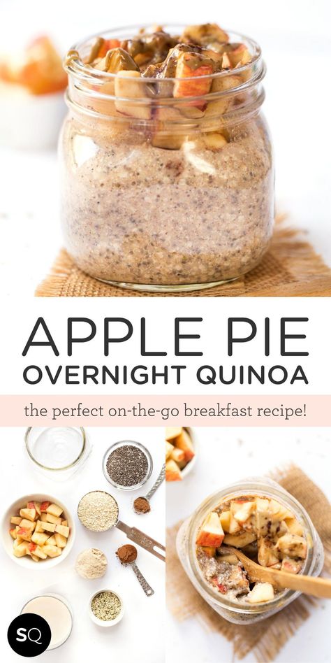 This high-protein Apple Pie Overnight Quinoa is the perfect on-the-go breakfast for work or school. Naturally gluten-free, vegan and packed with tons of flavor! Apple Pie Overnight Quinoa | Vegan & Gluten-Free Breakfast Ideas | Simply Quinoa Alkaline Quinoa Breakfast, Quinoa Yogurt Parfait, Overnight Quinoa Flakes Breakfast, Overnight Quinoa Flakes, Pompa Program Recipes, Vegan Quinoa Breakfast Bowl, Simple Gluten Free Breakfast, Quinoa Porridge Recipe, High Protein Quinoa Breakfast