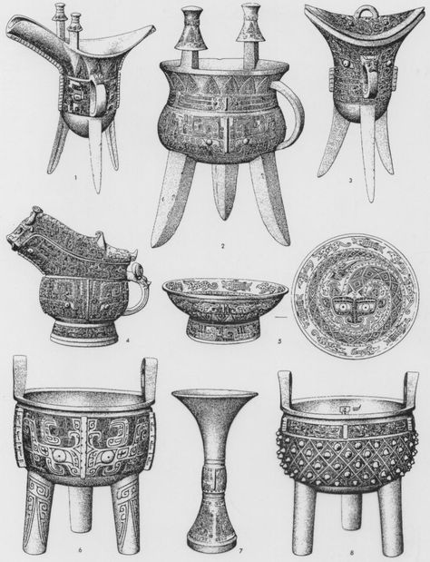 The Shang had many food pots. They were used for storing food almost like plates. They were crafted of bronze and or copper to hold the food. Chinese Buildings, Chinese Dynasties, Shang Dynasty, Asian Artwork, Japanese Watercolor, Ancient Statues, Luoyang, Chinese Bronze, Native Design