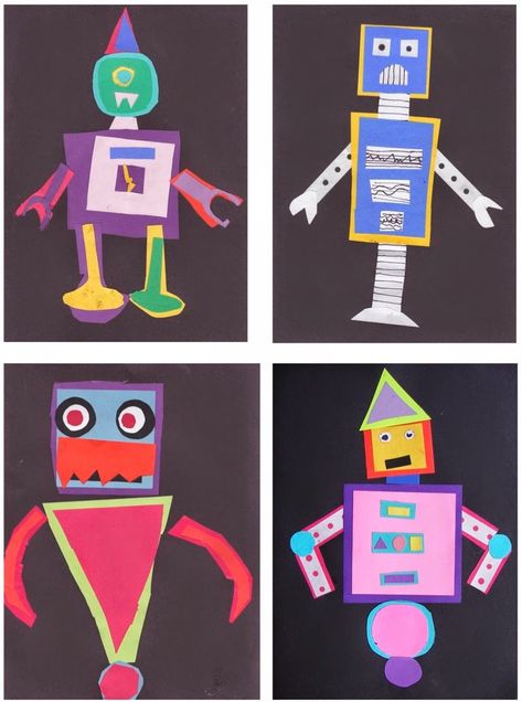 The Rolling Artroom: Shape Robots (1st-3rd Grade) Arte Madi, Space Art Projects, Grade 1 Art, Collage Craft, Shapes Lessons, First Grade Art, Kindergarten Art Lessons, Kindergarten Art Projects, 2nd Grade Art