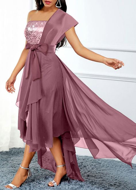 Dusty Pink Asymmetric Hem High Low Belted Dress | modlily.com - USD 42.98 Dresses For Short Women, Pink High Low Dress, Midi Dress Pink, Strapless Party Dress, Maxi Dress Wedding Guest, Simple Prom Dress, Pink Cocktail Dress, Stylish Party, Stylish Party Dresses