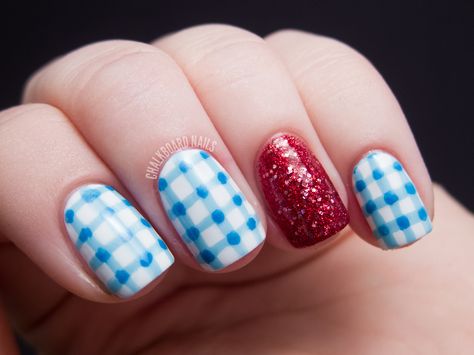 Wizard of Oz nails. Love that Chalkboard Nails used a second blue color to get the gingham right. So many so-called "gingham" nails are really just white nails with a colored grid on top. The color overlay is critical! If it doesn't happen with your sheer polish...fake it. Dorothy Nails, Quirky Nails, Plaid Nail Art, Chalkboard Nails, Dorothy Gale, Plaid Nails, Her Nails, Diy Nail Art, The Wizard Of Oz