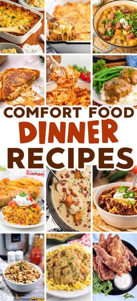 Whether you want a comforting meal, cheesy, easy casserole or just want something hearty or healthy for dinner, these comfort foods will come in handy! Comforting meals, fall dinner recipes, comfort food ideas, quick dinner recipes for a family, picky eater dinner ideas, cheap meals, fall dinner party, comfort food recipes easy, cheap comforting meals, fall food recipes dinner families, quick comfort food dinners weeknight meals, weekend dinner recipes for a family. Dinner Ideas For Healthy Eating, Winter Dinner Ideas Comfort Foods, Picky Family Dinner Ideas, Good Dinner Ideas For Family, Delicious Comfort Food Recipes, Down Home Cooking Comfort Foods, Early Fall Meal Ideas, Greasy Dinner Ideas, Easy Hot Dinner Recipes