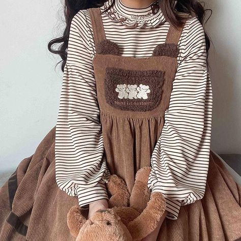 Beige Aesthetics, Vintage Kawaii, Kawaii Bear, Bear Embroidery, Style Kawaii, Embroidered Collars, Kawaii Dress, Style Japonais, Bear Shirt