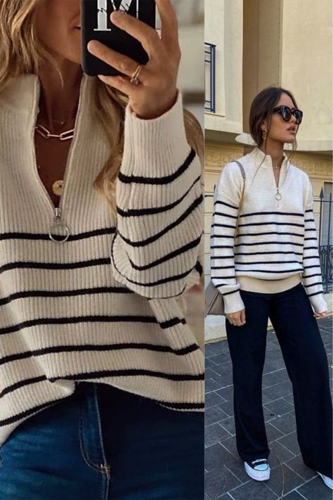 Knit pullover sweater with stripes warm zipper neck knit top batwing sleeves Stripped Sweater Outfits Aesthetic, Stripped Sweater Outfits Winter, Striped Pullover Outfit, Zipper Sweater Outfit, Outfit Parisienne, Sweater Casual Outfit, Striped Sweater Outfit, Spring Sweater Outfits, Parisienne Style