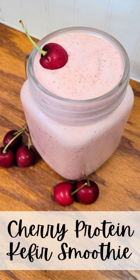 Cherry protein kefir smoothie in a glass jar and cherries around it. text over image: cherry protein kefir smoothie Cooking With Kefir, Kefir Protein Smoothie, Keifer Recipes Smoothie, Nom Nums, Kefir Milk, Kefir Smoothie, Kefir Recipes, Milk Kefir, Simple Farmhouse