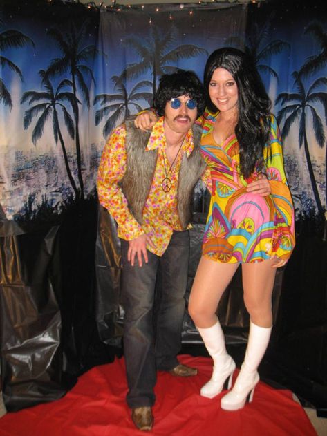 25 Far Out ’70s Costumes for Everyone | Brit + Co Sonny And Cher Costumes, 70s Couple Costume, Cher Halloween Costume, 70s Halloween Costume, Couples Costumes For Halloween, Sonny And Cher, Couples Costumes Creative, Hippie Costume Halloween, Creative Halloween Costumes Diy