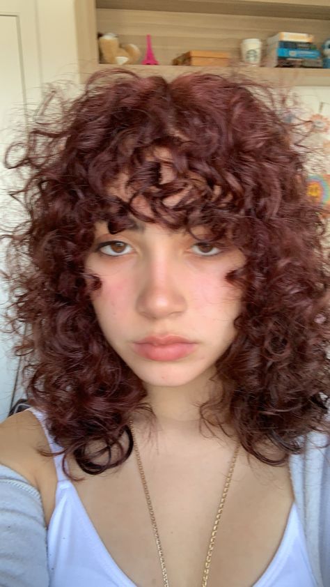 Red Curly Wolfcut, Coloured Curly Hair, Red Short Curly Hair, Cherry Red Curly Hair, Rezo Cut Curly Hair, 2024 Hair Trends For Women, Mrs Bella, Messy Wavy Hair, 2024 Hair Trends