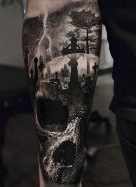 Tattoo idea's Eliot Kohek, Tattoos Arm Mann, Graveyard Tattoo, Reaper Tattoo, Skull Sleeve Tattoos, Skull Sleeve, Sweet Tattoos, Horror Tattoo, Skull Tattoo Design