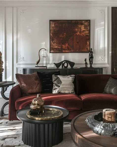 Wine Couch Living Rooms, Luxury Vintage Interior Design, Red Velvet Couch Living Room Ideas, 1920s Inspired Living Room, Burgundy Velvet Sofa, Dark Velvet Sofa, Burgundy Gold Living Room, Red And Brown Room, Moody Jewel Tone Living Room