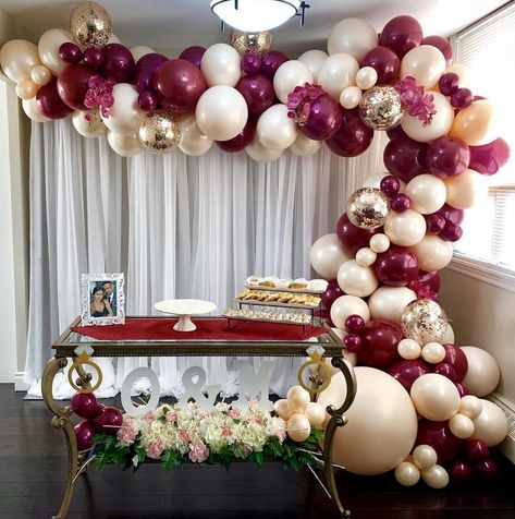 The perfect shades of burgundy and peach for this engagement party💖@balloonsbydina . . #balloons #balloongarland #balloonarch #engagement #babyshower #bridalshower #birthday #decor #partyideas #decor #dessertstation #love #celebration Burgundy Balloons, Balloons And Flowers, Papa Birthday, Blush Balloons, Girls Party Decorations, Gold Confetti Balloons, Balloon Chain, White Balloons, Arch Kit