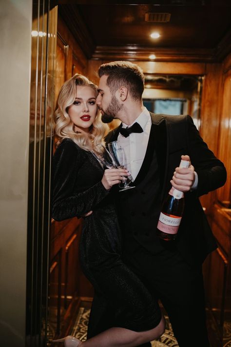 Gym Prewedding Shoot, Old Hollywood Glamour Couple Photoshoot, Wine Couple Photography, New Years Couple Aesthetic, James Bond Engagement Photos, Couple Shoot Poses Romantic Photo Ideas, Vegas Couple Pictures, Tuxedo Photoshoot, Fancy Couple Photoshoot