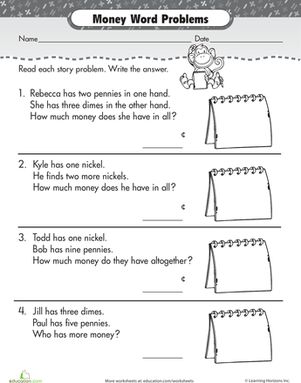 Help your first grader learn how to compare penny, nickel and dime coin values with this word problem worksheet. Money Word Problems 2nd Grade, Counting Money Worksheets, Money Math Worksheets, 3rd Grade Words, Money Word Problems, Multiplication Word Problems, Addition Words, Division Word Problems, Money Activities