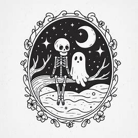 A FINE LINE DESIGN TATTOO OF A SAD SKELETON AND GHOST SITTING ON THE BRANCH OF A TREE. THE MOON SHOWS IN THE SKY BEHIND THEM. THE TATTOO IS FRAMED BY AN OVAL OUTLINE WITH FLOWERS TWISTING AROUND. - Image Creator in Bing Ghost And Moon Tattoo, Flower Ghost Tattoo, Skull With Flowers Growing Out Of It, Ghost Flower Tattoo, Spooky Tree Tattoo, Line Design Tattoo, Halloween Tattoo Stencil, Ghost Tattoo Design, Skeleton Tattoo Design