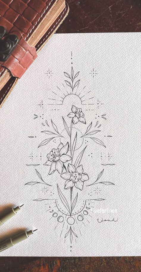 Daffodil Tattoo, Spine Tattoos For Women, Floral Tattoo Sleeve, Line Art Tattoos, Discreet Tattoos, Dainty Tattoos, Spine Tattoos, Elegant Tattoos, Feminine Tattoos