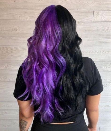 Split Black And Purple Hair, Hair Colour Ideas Split Dye, Split Hair Color Ideas Purple, Half Black Half Purple Hair Split, Split Dyed Hair Purple And Black, 2 Tone Purple Hair, Split Purple Hair, Purple Hair With Layers, Purple Hair With Black Tips