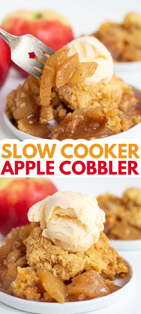 Slow Cooker Apple Cobbler - This Easy Crockpot Apple Cobbler with Cake Mix is out of this world. It's made with fresh apples that are tender and coated with cinnamon and brown sugar. The cobbler topping is a yellow cake mix that has butter drizzled on top of it. This is an apple cobbler recipe that you must-try this fall! #cookiedoughandovenmitt #crockpotdesserts #dessertrecipes #apples #desserts Crockpot Apple Cobbler, Apple Crockpot Recipes, Slow Cooker Peach Cobbler, Apples Desserts, Crockpot Cobbler, Slow Cooker Apple Cobbler, Apple Cobbler Easy, Recipes Using Flour, Crockpot Apple Crisp