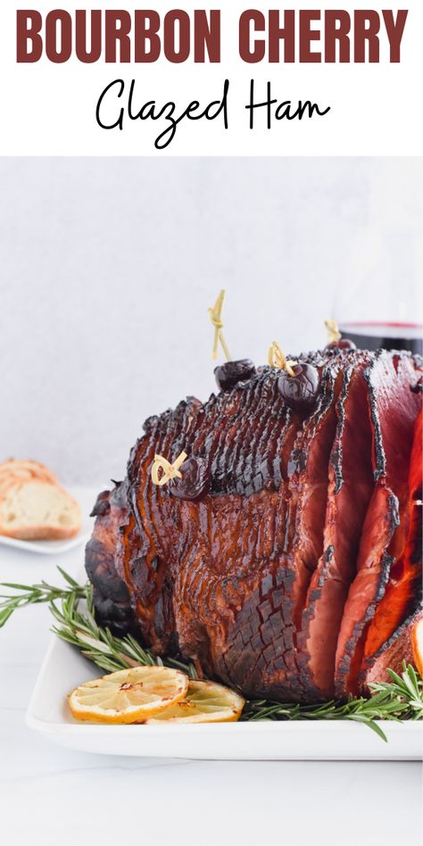 Don’t stress about what to make for your Christmas main dish, this Bourbon-Cherry Glazed Ham is the perfect simple centerpiece for your epic feast. Cherry Ham Glaze, Bourbon Ham Glaze, Christmas Ham Glaze, Cherry Glazed Ham, Cherry Ham, Christmas Ham Recipes, Ham Sauce, Holiday Ham Recipes, Ham Glaze Brown Sugar