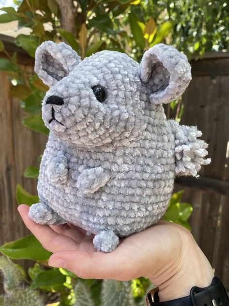 This crochet chinchilla is sweet, fluffy, and a good project for late beginner to intermediate crocheters! An amigurumi chinchilla is a perfect gift for a child, a great personalizable gift for chinchilla owners, or a fun little crochet project. Crochet your own chinchilla with free step by step instructions, lots of photos, and tips. You could also use this to make a crochet degu! They look similar to a chinchilla. If you want a pdf pattern, it's also for purchase on etsy. Crochet Gerbil Pattern, Velvet Yarn Crochet Patterns Amigurumi Free, Chinchilla Crochet Pattern Free, Mouse Free Crochet Pattern, Chinchilla Crochet Pattern, Chenille Amigurumi Free Pattern, Chenille Yarn Crochet Patterns Free, Mouse Crochet Pattern Free, Crochet Chinchilla