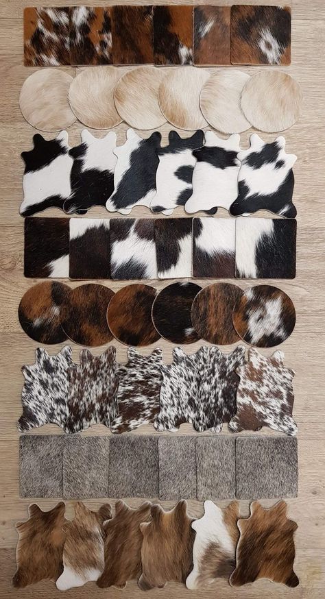 Leather Swatches Ideas, Cowhide Scrap Crafts, Cowhide Diy, Old West Decor, Leather Swatches, Cowhide Decor, Milk Cafe, Leather Working Projects, Fur Carpet