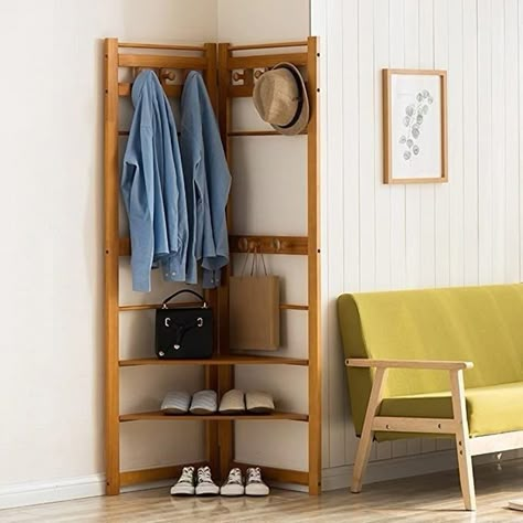 Kitchen Coat Rack, Small Coat Rack Ideas, Corner Shelves Entryway Small Entry, Free Standing Coat Rack Entryway, Corner Coat Storage, Coat Rack In Bedroom, Coat Corner, Coat Rack Ideas, Corner Coat Rack