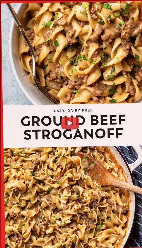 ▷▷ Even if you don’t have steak, you can still enjoy the flavors of this traditional Russian dish. This easy, ground beef stroganoff recipe features a creamy, meaty sauce served over egg noodles, and it comes together in just 30 minutes. P..? Ground Beef Stroganoff Recipe, Easy Ground Beef Stroganoff, Beef Stroganoff Recipe, Resep Pasta, Dairy Free Recipes Dinner, Ground Beef Stroganoff, Easy Ground Beef, Dairy Free Dinner, Stroganoff Recipe