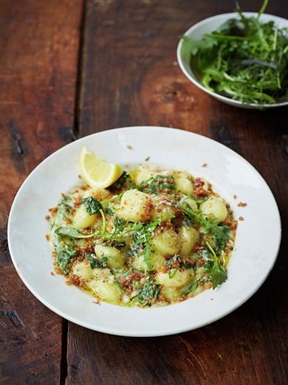 Creamy kale gnocchi | Vegetable recipes | Jamie Oliver recipe Jamie Oliver Gnocchi, Kale Gnocchi, Gnocchi Mushroom, Creamy Kale, Gnocchi Recipes Easy, Gnocchi Recipe, Making Gnocchi, Italian Comfort Food, Tesco Real Food