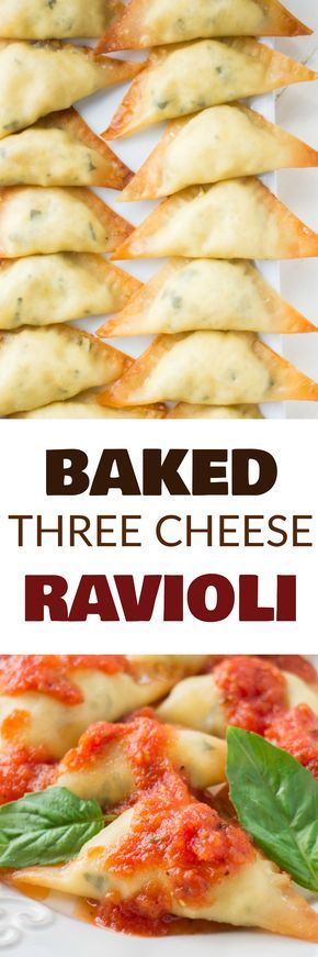 EASY BAKED Three Cheese Ravioli is one of my family's favorite meals! This homemade recipe uses wonton wrappers for the ravioli to make it faster and is filled with ricotta, mozzarella and Parmesan cheese! Instructions include how to make and bake immediately or freeze for frozen ravioli. Pasta Sauce To Freeze, Appetizers Italian, Wonton Wraps, Ravioli Bake, Wonton Recipes, Cheese Ravioli, Halloween Appetizers, Wonton Wrappers, Wontons