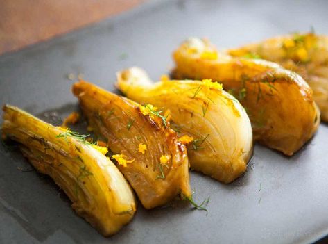 Fennel bulbs braised until tender in anise liqueur and stock, then garnished with fennel fronds and orange zest. Delicious! On SimplyRecipes.com #sidedish #gluten-free #vegetables Braised Fennel, Fennel Recipe, Fennel Recipes, Csa Recipes, Roasted Fennel, Simply Recipes, Baked Salmon, Vegetable Side Dishes, Fennel