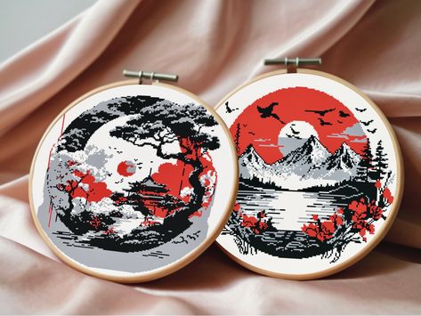 Black and red japanese art cross stitch pattern set, Traditional asian paintings cross stitch with few colors digital pdf download charts by thelittleartveranda on Etsy Cross Stitch Japanese, Black And White Cross Stitch, Embroider Ideas, Cross Stitch Silhouette, Art Cross Stitch, Vintage Cross Stitch Pattern, Asian Painting, Cute Patches, Vintage Cross Stitches