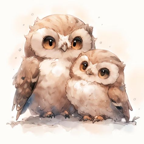 Two Owls, Cute Owl Art, Owl Watercolor Paintings, Owl Watercolor, Owl Cartoon, Cartoon Clip Art, Cute Owl, Cute Chibi, Owl Art