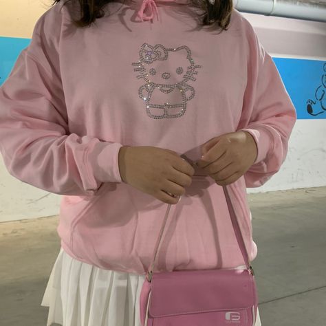 Pink Rhinestone Sweatshirt, Hello Kitty Rhinestone Shirt, Pink Y2k Hoodie, Bedazzled Hoodie, Pink Hoodie Outfit, Hoodie Outfit Aesthetic, Y2k 2000s Aesthetic, Hello Kitty Rhinestone, Boots Y2k