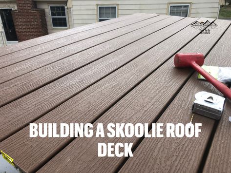 We'll show you how to build a minimalist style skoolie deck! Skoolie Rooftop Deck, Skoolie Roof Deck, Skoolie Exterior Paint Ideas, Skoolie Deck, Schoolie Conversion, Skoolie Living, Short School Bus, Skoolie Ideas, Rv House