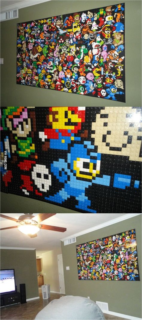 Lego Wall Gamer Room Diy, Lego Wall Art, Geek Cave, Lego Hacks, Geek House, Lego Mosaic, Lego Wall, Lego Photo, Lego Pictures