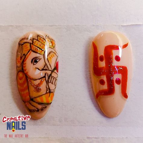 Ganesh Nail Art Ideas, Ganpati Bappa Nail Art Designs, Lord Ganesha Nail Art, Ganesh Nail Art Design, Ganesha Nail Art Designs, Dulha Dulhan Nail Art, Ganesha Nail Art, Mahadev Nail Art Designs, Ganpati Nails Design