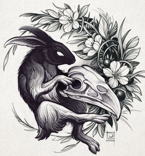 Black Hare Tattoo, Goth Rabbit Tattoo, Dark Rabbit Tattoo, Hare Tattoo Design, Bird Skull Tattoo Design, Rabbit Skull Tattoo, Chandler Tattoo, Black Work Tattoo Design, Raven Skull Tattoo