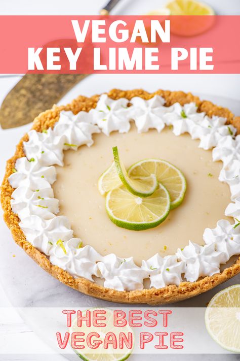 A vegan key lime pie on a white table. There is a pie cuter set behind the vegan pie and limes around the pie. Key Lime Pie Recipe Easy, Vegan Key Lime Pie Recipe, Pie Recipe Easy, Vegan Key Lime Pie, Vegan Key Lime, Vegan Pies Recipes, Key Lime Pie Recipe, Lime Pie Recipe, Keylime Pie Recipe